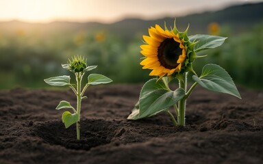Sunflower Seedlings in the Field at Sunset