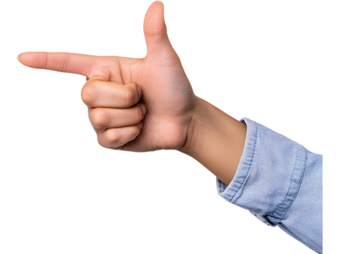 Human hand pointing sideways isolated on transparent background, perfect for presentations, ads, and interface designs.