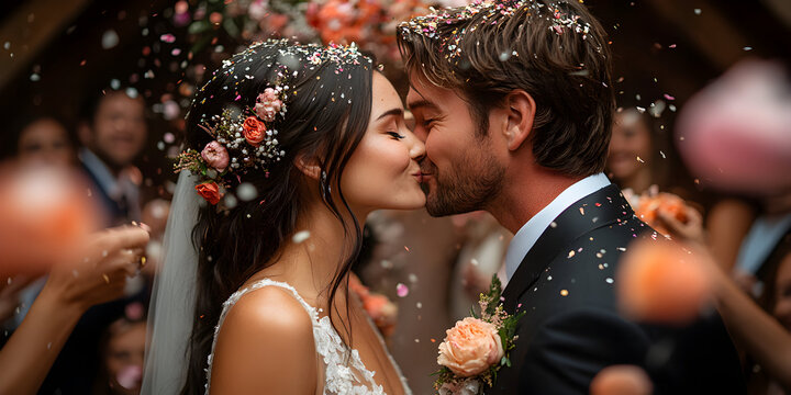 Sweet couple shares a kiss surrounded by flower petals at a romantic wedding ceremony outdoors in the early evening light Generative AI