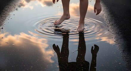 Person walking barefoot through a shallow puddle on a paved surface during sunset, creating reflections of the sky and surroundings in the water