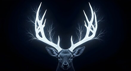 A majestic illuminated deer with large antlers standing against a dark night sky, creating a magical and enchanting atmosphere in a natural setting