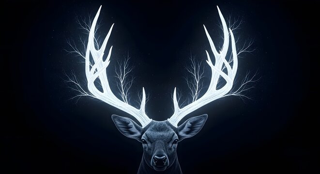 A majestic illuminated deer with large antlers standing against a dark night sky, creating a magical and enchanting atmosphere in a natural setting