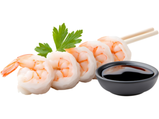 Asian shrimp dumplings with soy sauce bottle isolated on transparent background, perfect for food, menu, and restaurant designs.