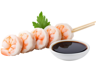 Asian shrimp dumplings with soy sauce bottle isolated on transparent background, perfect for food, menu, and restaurant designs.