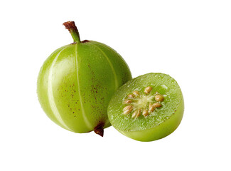 A single whole green gooseberry and one sliced in half