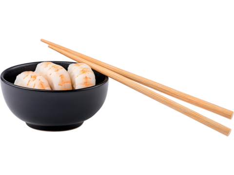Shrimp dumplings with chopsticks and soy sauce isolated on transparent background, ideal for culinary, restaurant, and Asian-themed visuals.