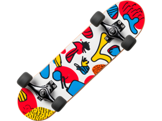Skateboard with doodle graphic pattern isolated on transparent background, great for creative and urban lifestyle visuals.