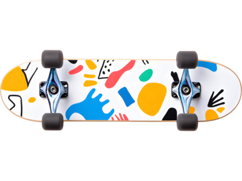 Skateboard with doodle graphic pattern isolated on transparent background, great for creative and urban lifestyle visuals.
