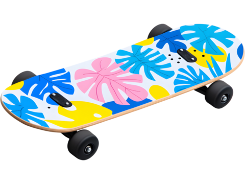 Skateboard with colorful tropical leaf pattern isolated on transparent background, perfect for youth and sport designs.