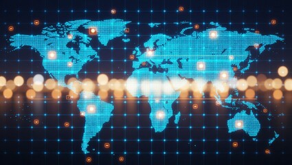Digital world map with glowing location markers and grid overlay