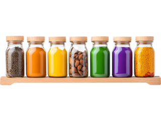 Wooden shelf with colorful spice jars isolated on transparent background, perfect for kitchen, recipe, and cooking visuals.