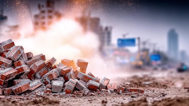 Destruction's aftermath: A pile of debris, mainly bricks and rubble, dominates the foreground. In the blurry background, construction machinery moves near partially-built buildings under a smoky sky.