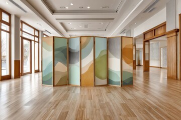 Obraz premium Korean folding screen with muted painted patterns standing on a polished wooden floor in a spacious modern interior, symbolizing tradition, design, and cultural elegance