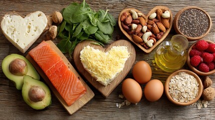 Fototapeta premium culpable. Assortment of heart-healthy foods arranged on a vintage wooden surface, nutritional concept with warm tones. menu design.