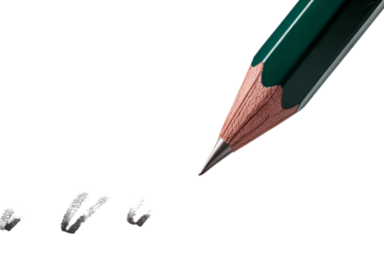 Close up of a sharpened pencil writing on a black surface isolated on transparent background