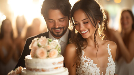 Couple celebrates together during wedding reception with cake surrounded by joyful guests Generative AI