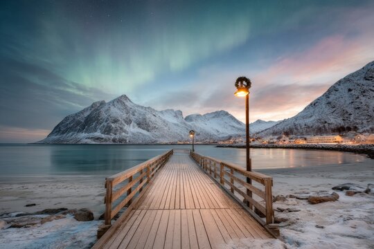 Small coastal village illuminated by the aurora borealis, featuring a wooden pier leading to tranquil waters and snow-capped mountains, creating a serene winter landscape with copy space - Powered by Adobe