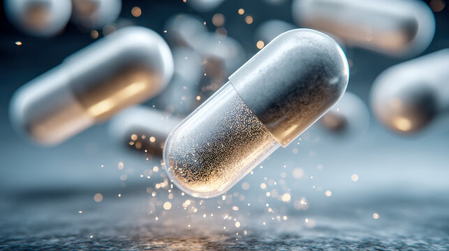 High-detail close-up of a futuristic capsule-shaped drug delivery system with glowing particles suspended in mid-air, set against a sleek, dark background for medical innovation co