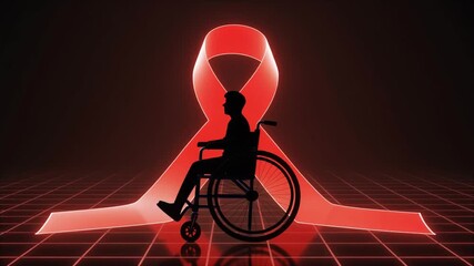 Silhouette of a person in a wheelchair in front of a large red ribbon on a grid background with a dark mood. - Powered by Adobe