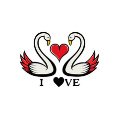 Two white swans form a heart shape with a red heart between them