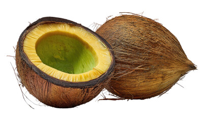 A whole and a halved coconut on a black background (1)