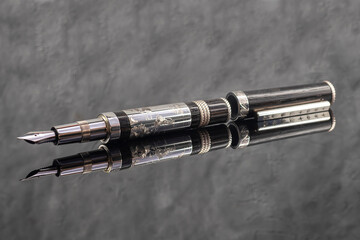 Fountain pen on a gray marble background. Boxed and unboxed. Selective focus.