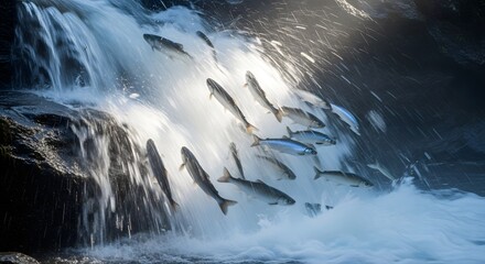 A school of fish swimming rapidly through a waterfall with splashing water and dynamic movement in a natural aquatic environment