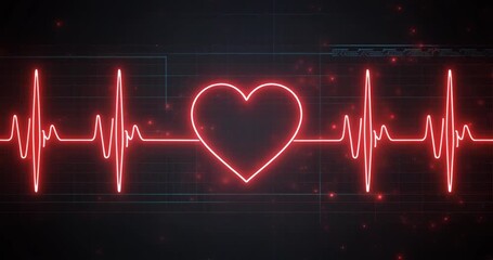 Stylized 3D motion graphic of a vibrant neon heart beating with an EKG pulse on a digital dark background, perfect for a modern Valentine's Day theme or medical concept - Powered by Adobe