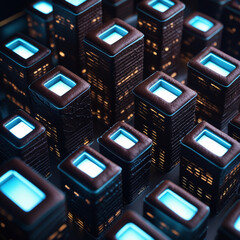 Futuristic Cityscape with Glowing Windows and Dark Towers Illustration
