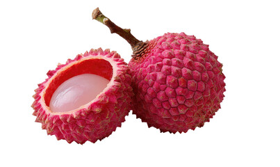 Juicy lychee, one halved to reveal translucent flesh and seed