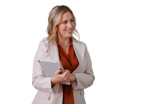 Confident businesswoman holding tablet, smiling, planning business strategy, making decision, transparent background - Powered by Adobe