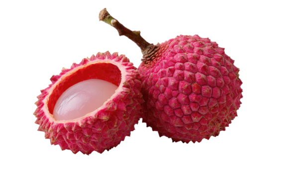 Juicy lychee, one halved to reveal translucent flesh and seed