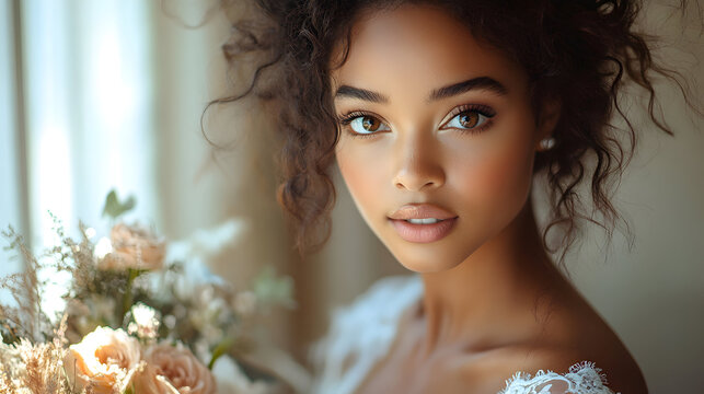 Beautiful bride with curly hair holding bouquet in soft lighting during wedding preparations in an elegant indoor setting Generative AI