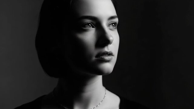 Dramatic black and white portrait of a thoughtful young adult female. Intense low key lighting highlights her profile. A triptych composition conveys deep emotion