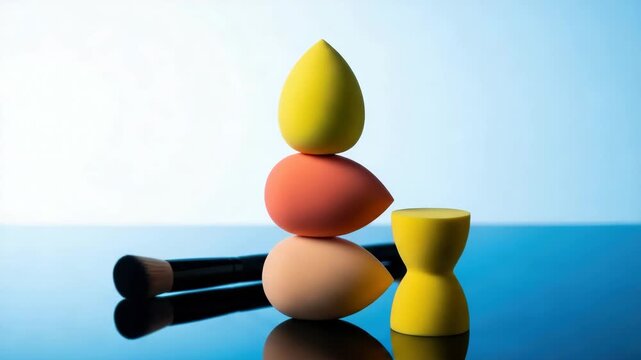 Colorful makeup sponges and cosmetic brush on a reflective surface. Beauty blender tools for foundation and concealer application creating a balanced composition concept