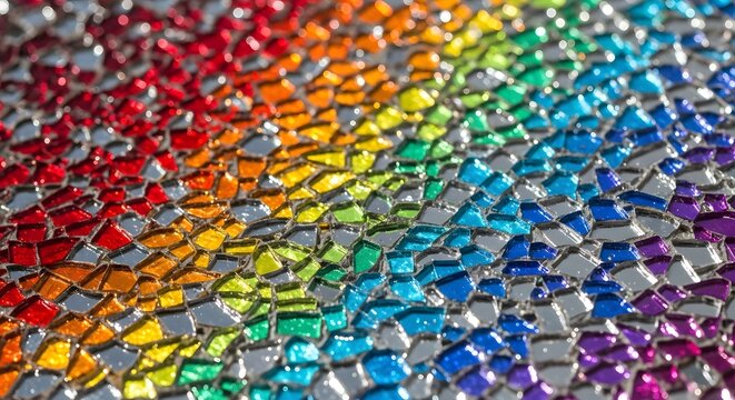 Close-up of a colorful mosaic made of small, irregularly shaped glass tiles arranged in a vibrant rainbow pattern with a reflective surface