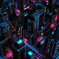 Gingerbread Cityscape with Glowing Windows and Neon Outlines Fantasy Scene