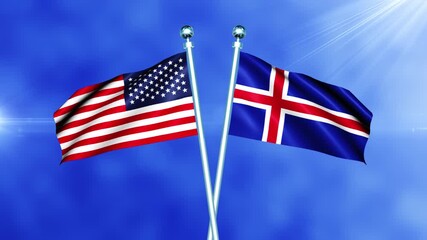 USA and Iceland Flag Waving On Pole Loop