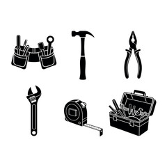 Obraz premium Collection of hand tools and tool belt in a graphic illustration style