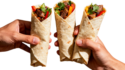Hands Holding Delicious Beef Burritos with Colorful Vegetables