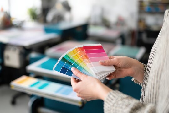 Creative setup with swatches. Art director workplace visuals, graphic project print. Paint color guide samples. Person holding sketch plan selection colour sampling. Design Studio. Printing office