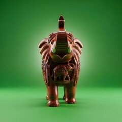 A detailed and colorful carved wooden elephant sculpture with intricate patterns and a prominent trunk set against a vibrant green background