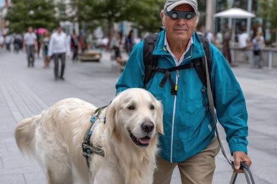 Elderly man walks golden retriever in a busy urban area during daytime - Powered by Adobe