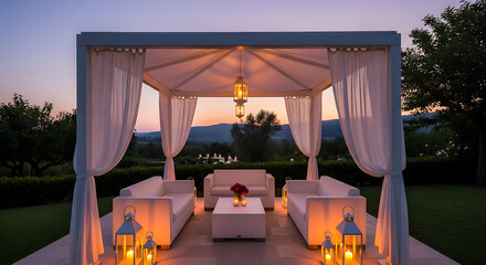 Stunning resort cabana view at twilight, emphasizing clean modern design and the cozy glow of numerous decorative lanterns.