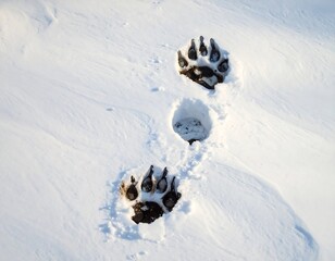 Majestic bear tracks imprinted deeply in pristine white snow field wilderness