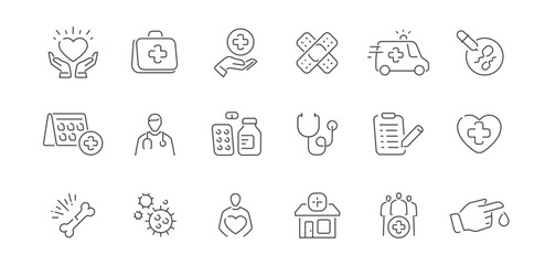 Health and medicine icon set. Hospital concept. Treatment, healthcare, clinic signs and symbols collection