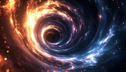 Abstract vortex of swirling, fiery orange and cool blue energy converging into a dark central point