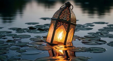 A decorative lantern floating on a calm water surface with gentle ripples and reflections, creating a serene and peaceful atmosphere during twilight or evening hours