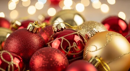 Red and Gold Christmas Ornaments with Bokeh Lights Background.