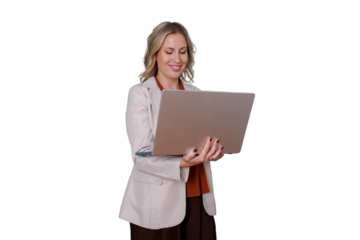 Professional businesswoman holding laptop, standing and smiling, working remotely, wireless communication, transparent background